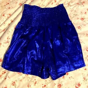 blue metallic flowy shorts